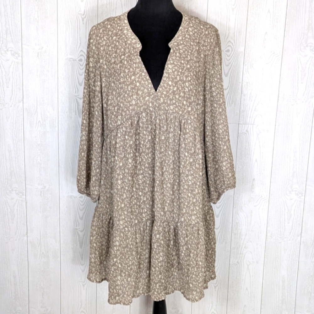 Millibon Dress or Tunic Size Large Tiered V Neck Tan Beige Floral with Lining